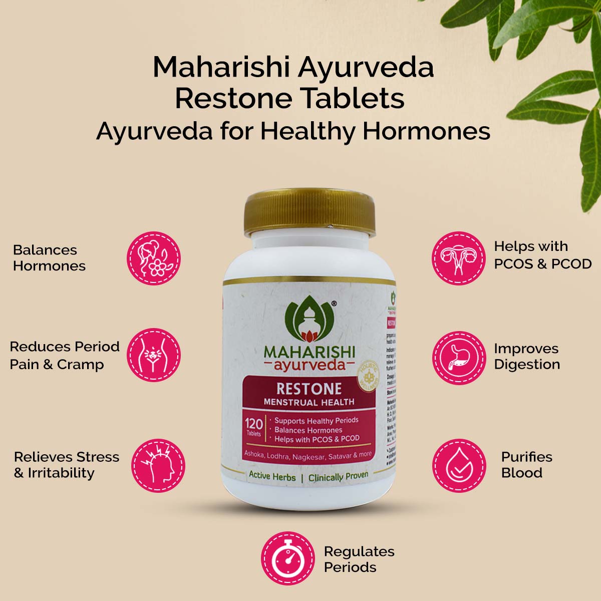 Maharishi Ayurveda Restone Tablets| For Healthy Periods| Regulates Menstrual Cycle | For Managing PCOD & PCOS- 120 Tablets Pack - Maharishi Ayurveda