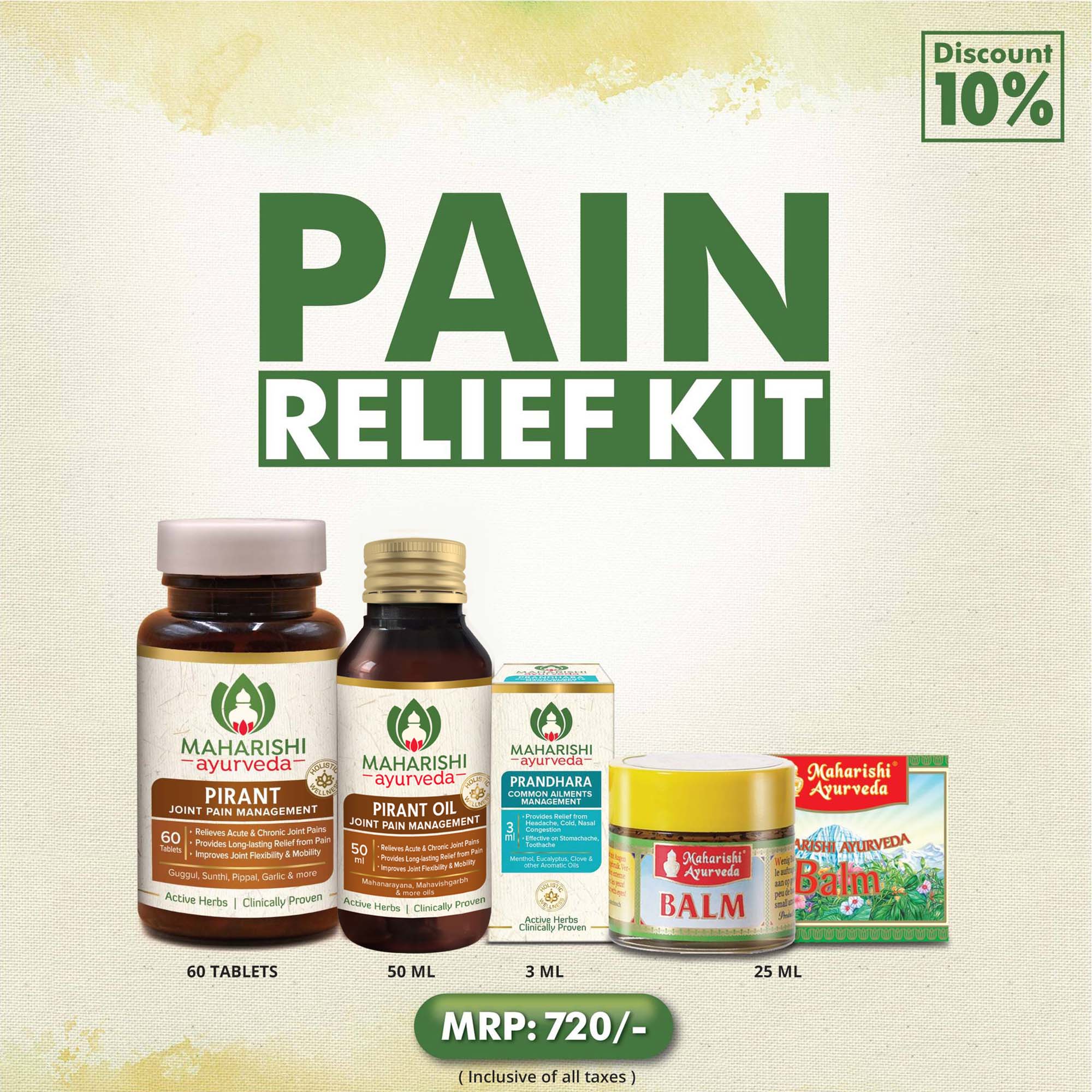 Pain Relief Kit (60 Pirant Tabs, 50ml Pirant Oil, 3ml Prandhara & 25ml Balm)