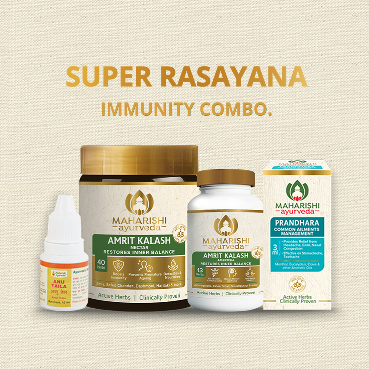 Super Rasayana Immunity Kit -  For Active Mind & Body (600gms Amrit Kalash Nectar Paste, 60 Amrit Kalash Ambrosia Tabs, 10 ml Anu Taila & 3ml Prandhara )