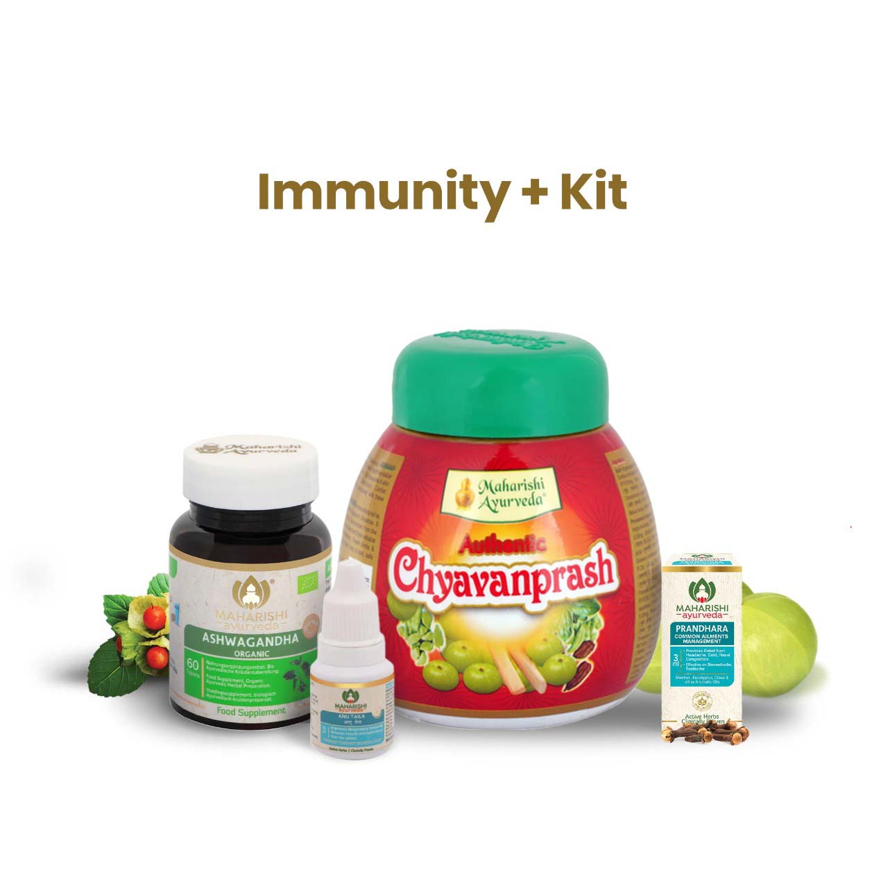 Immunity+ Kit - Complete Family Protection (Chyavanprash 500gms, Organic Ashwagandha 60 Tabs, Prandhara 3ml & Anu Taila 10 ml)